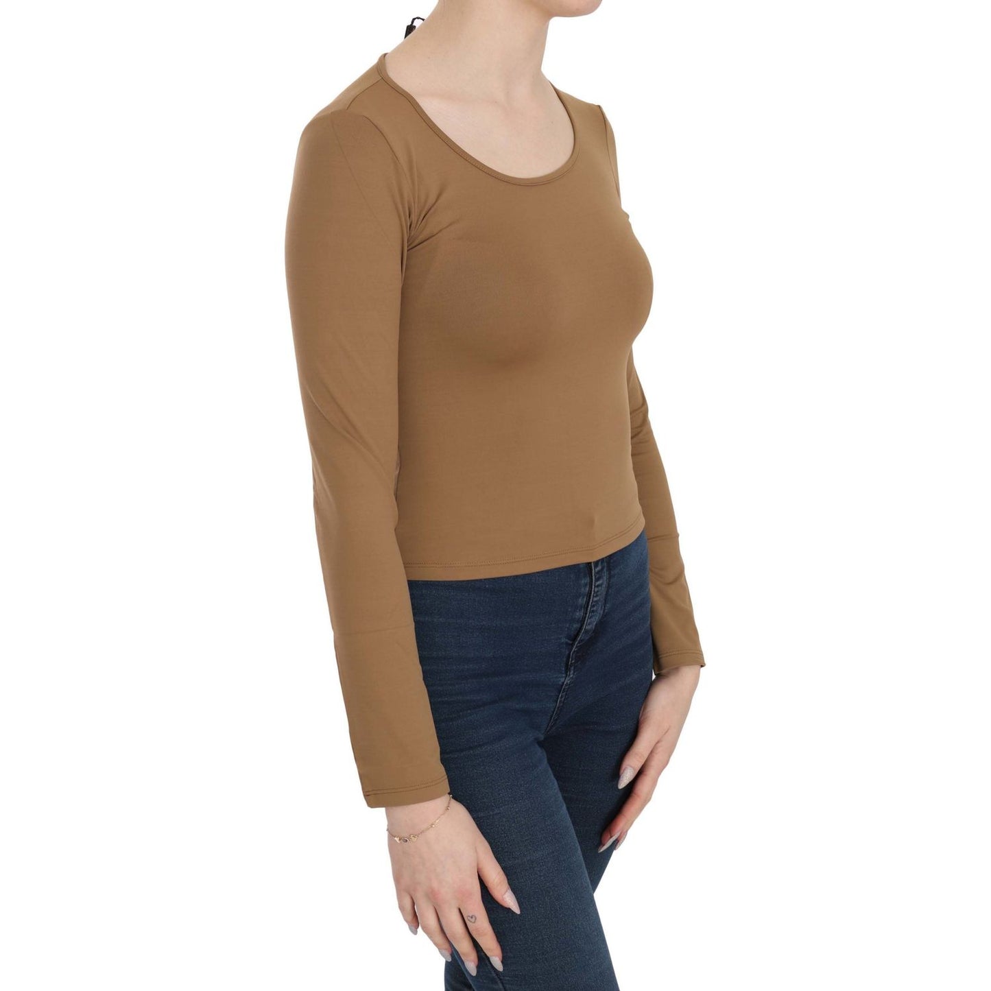 GF Ferre Brown Long Round Neck Sleeve Fitted Shirt Tops Blouse GF Ferre