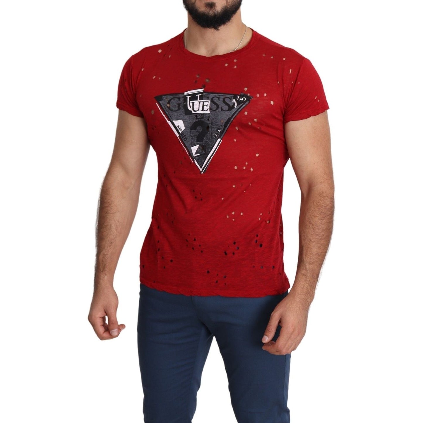 Guess Red Cotton Logo Print Men Casual Top Perforated T-shirt Guess
