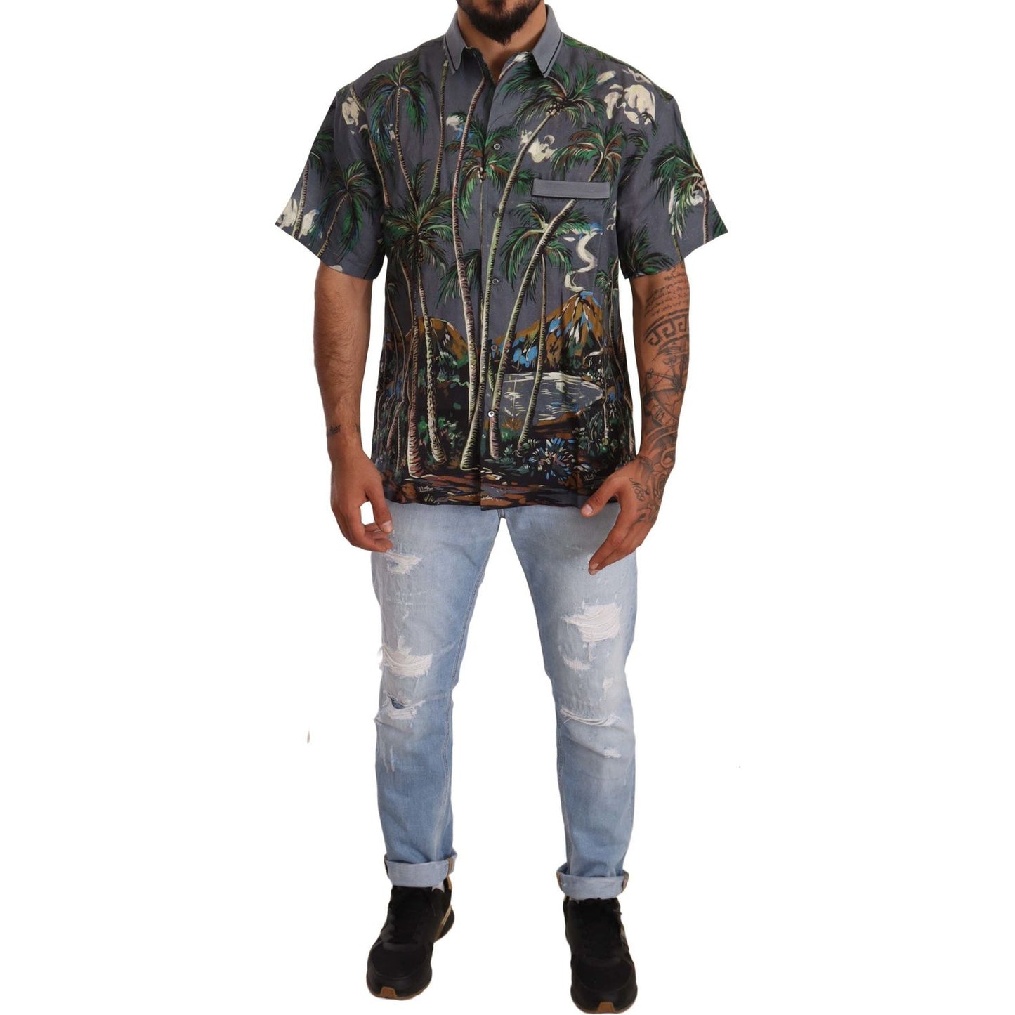 Dolce & Gabbana Gray Linen Tropical Print Collared Shirt Dolce & Gabbana
