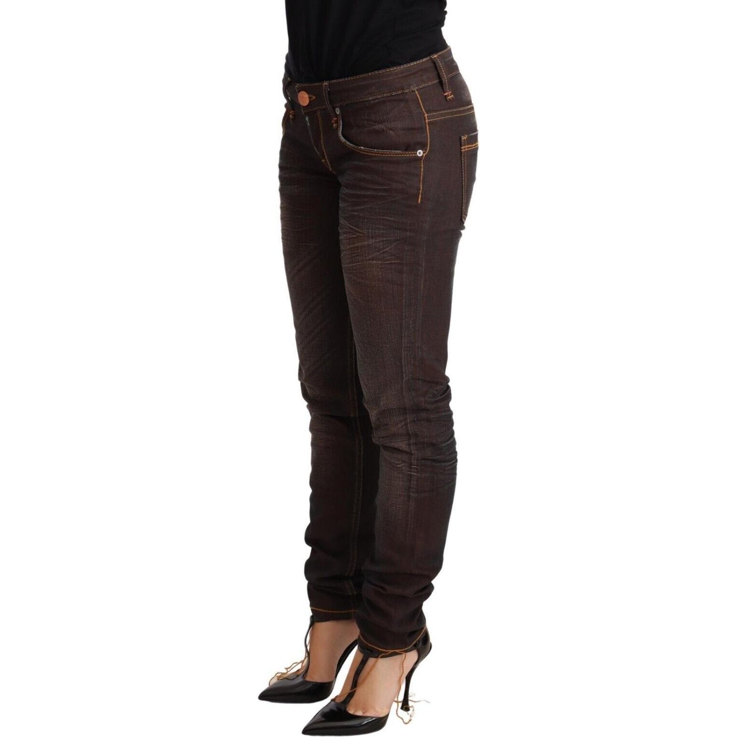 Acht Brown Washed Cotton Slim Fit Denim Low Waist Trouser Jeans Jeans & Pants