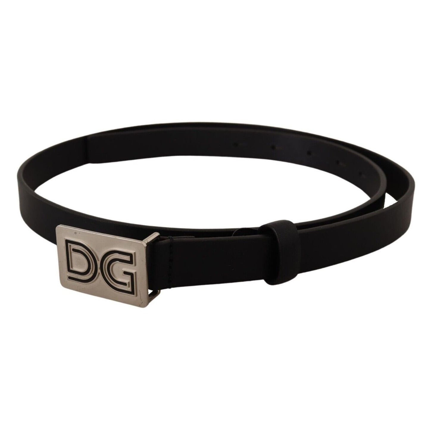 Dolce & Gabbana Black Leather Silver DG Logo Buckle Belt