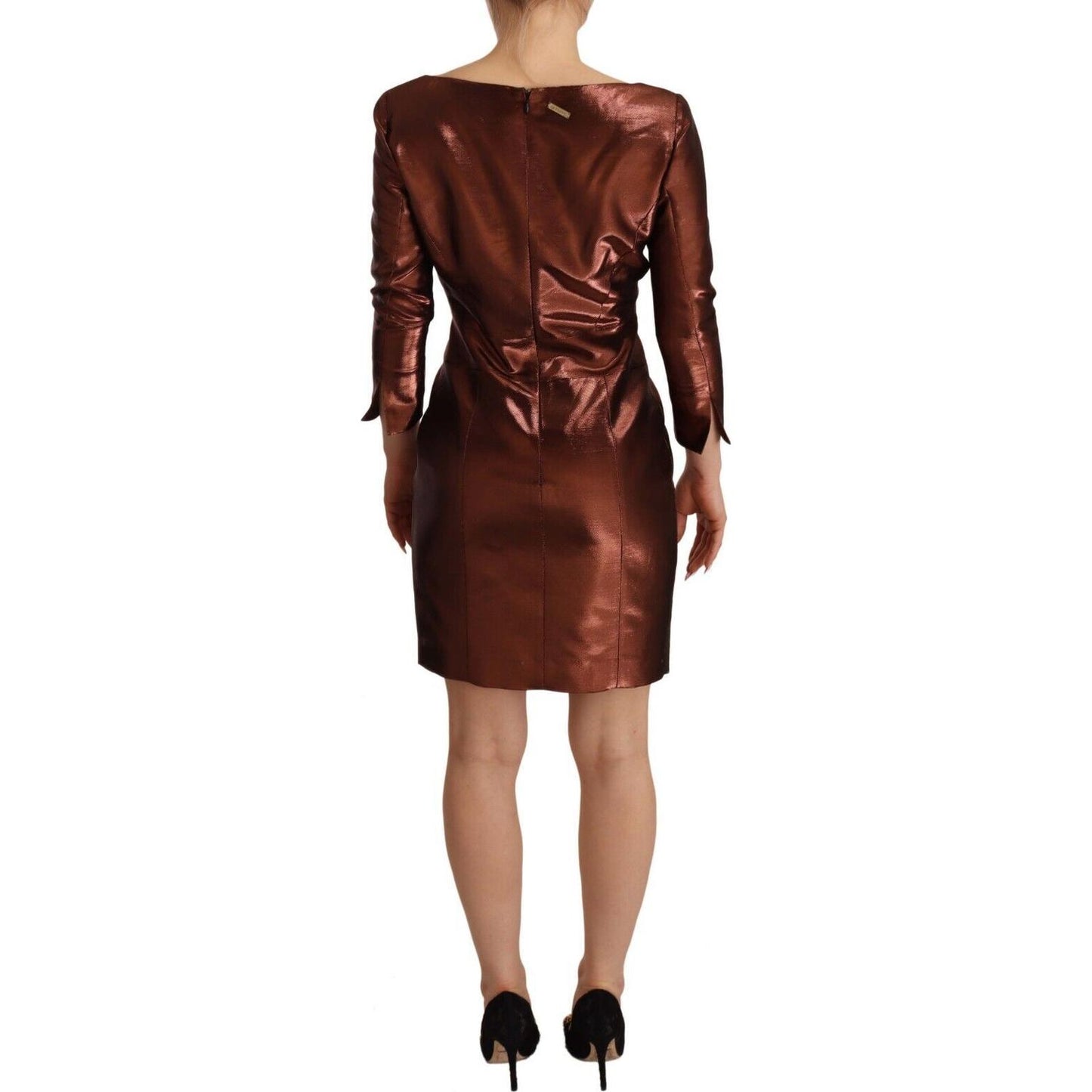 GF Ferre Metallic Brown Long Sleeves Square Neck Sheath Dress GF Ferre