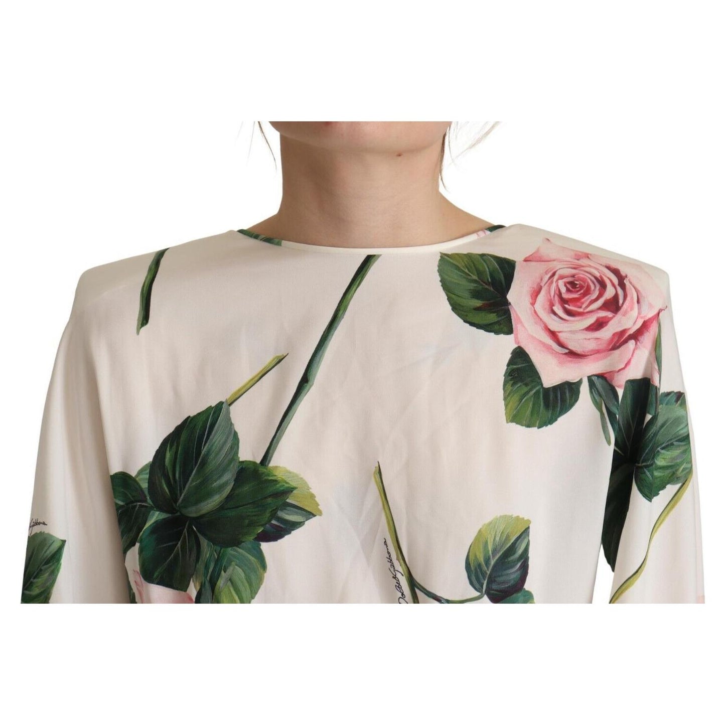 Dolce & Gabbana White Rose Print Long Sleeves A-line Dress