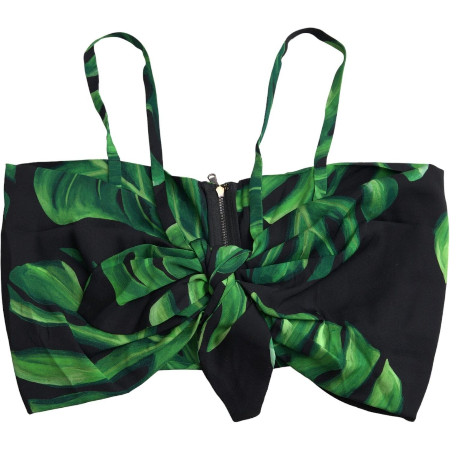 Dolce & Gabbana Black Green Leaf Silk Halter Cropped Top