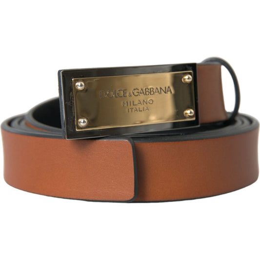 Dolce & Gabbana | Brown Calf Leather Metal Logo Buckle Belt Men| McRichard Designer Brands   