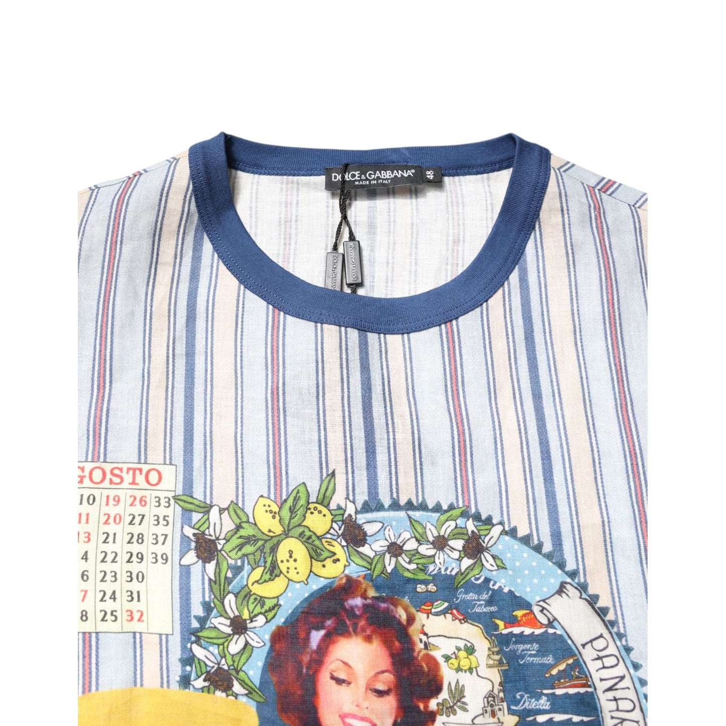 Dolce & Gabbana Multicolor Striped Pin Up Linen Round Neck T-shirt Dolce & Gabbana