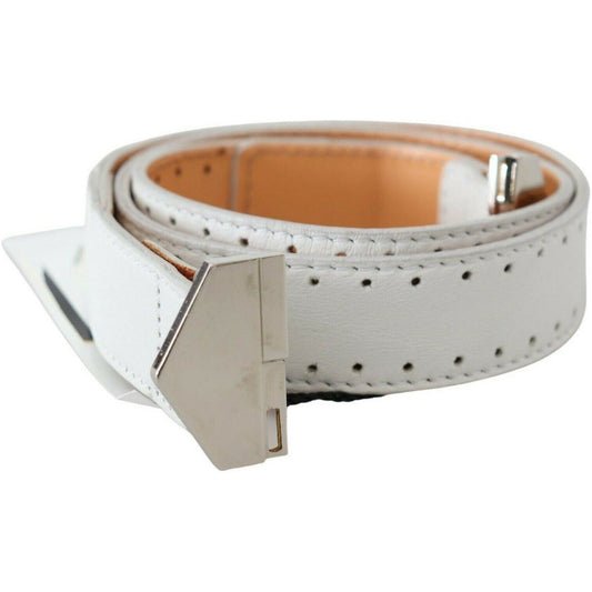 GF Ferre Elegant White Leather Fashion Belt white-leather-hexagon-logo-buckle-waist-belt