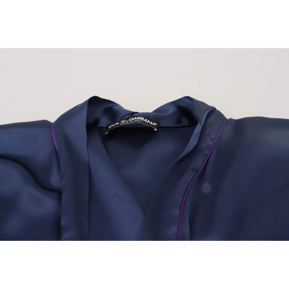 Dolce & Gabbana Blue Satin Silk Waist Belt Robe Jacket blue-satin-silk-waist-belt-robe-jacket