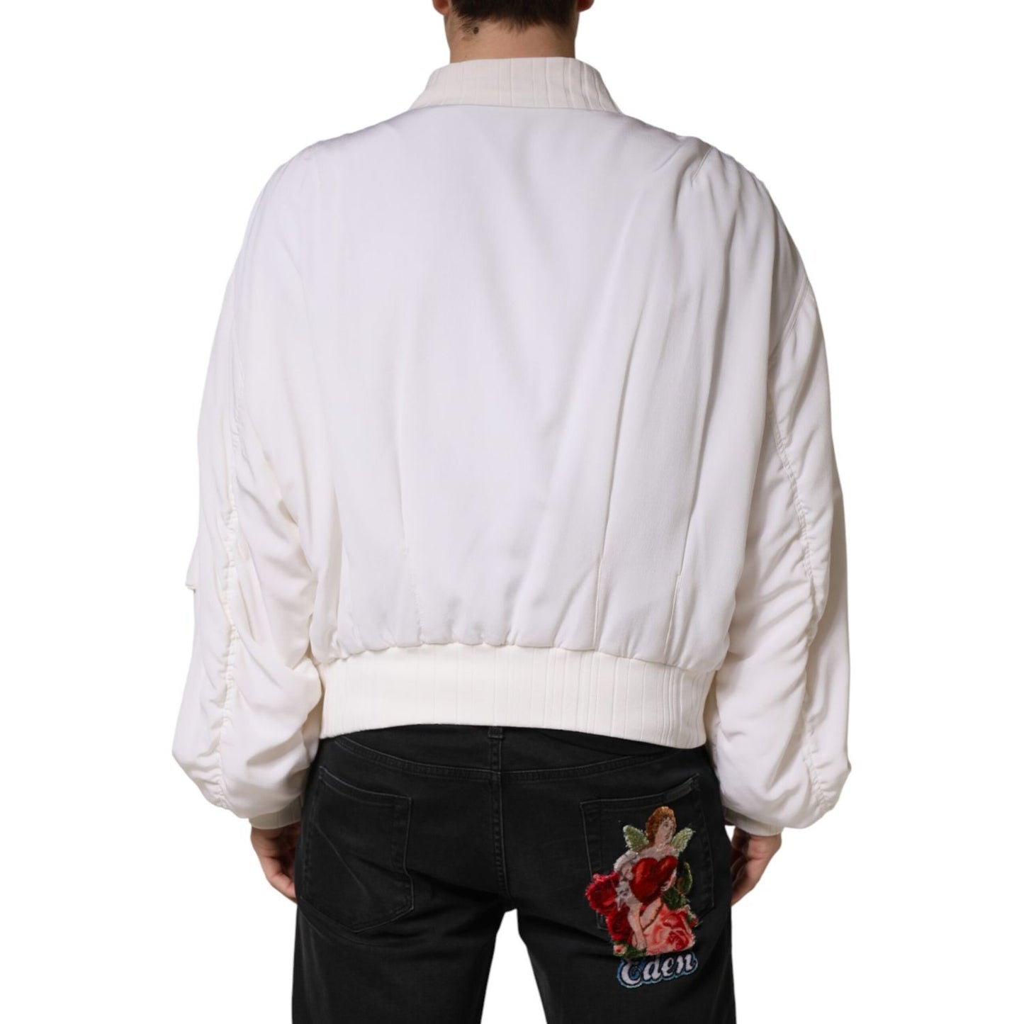 Dolce & Gabbana White Silk Full Zip Bomber Blouson Jacket