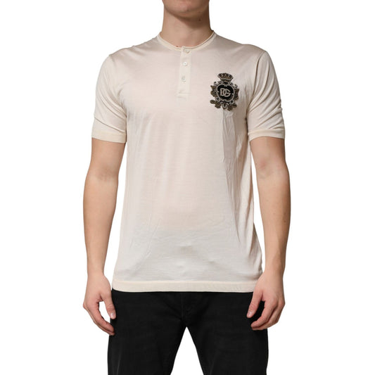 Dolce & Gabbana Off White Silk Logo Patch Men Henley T-shirt