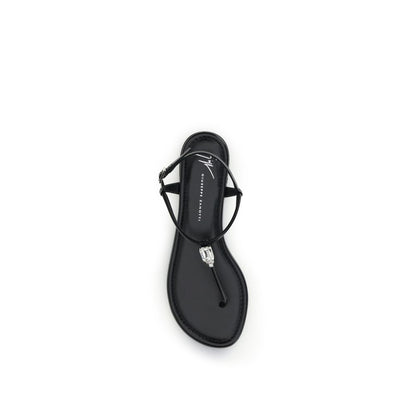 Giuseppe Zanotti Black Calf Leather Bos Taurus Flat Sandals