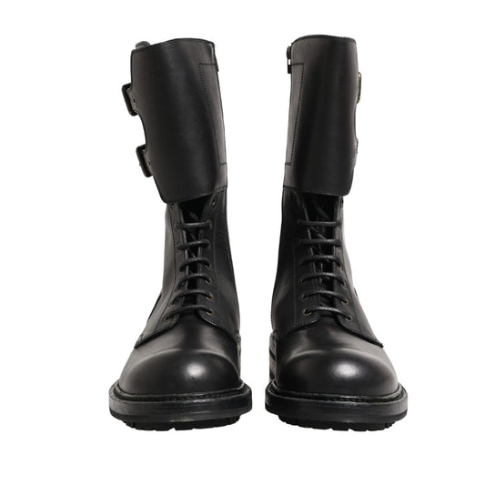 Dolce & Gabbana Black Leather Belted Buckle Combat Boots Shoes
