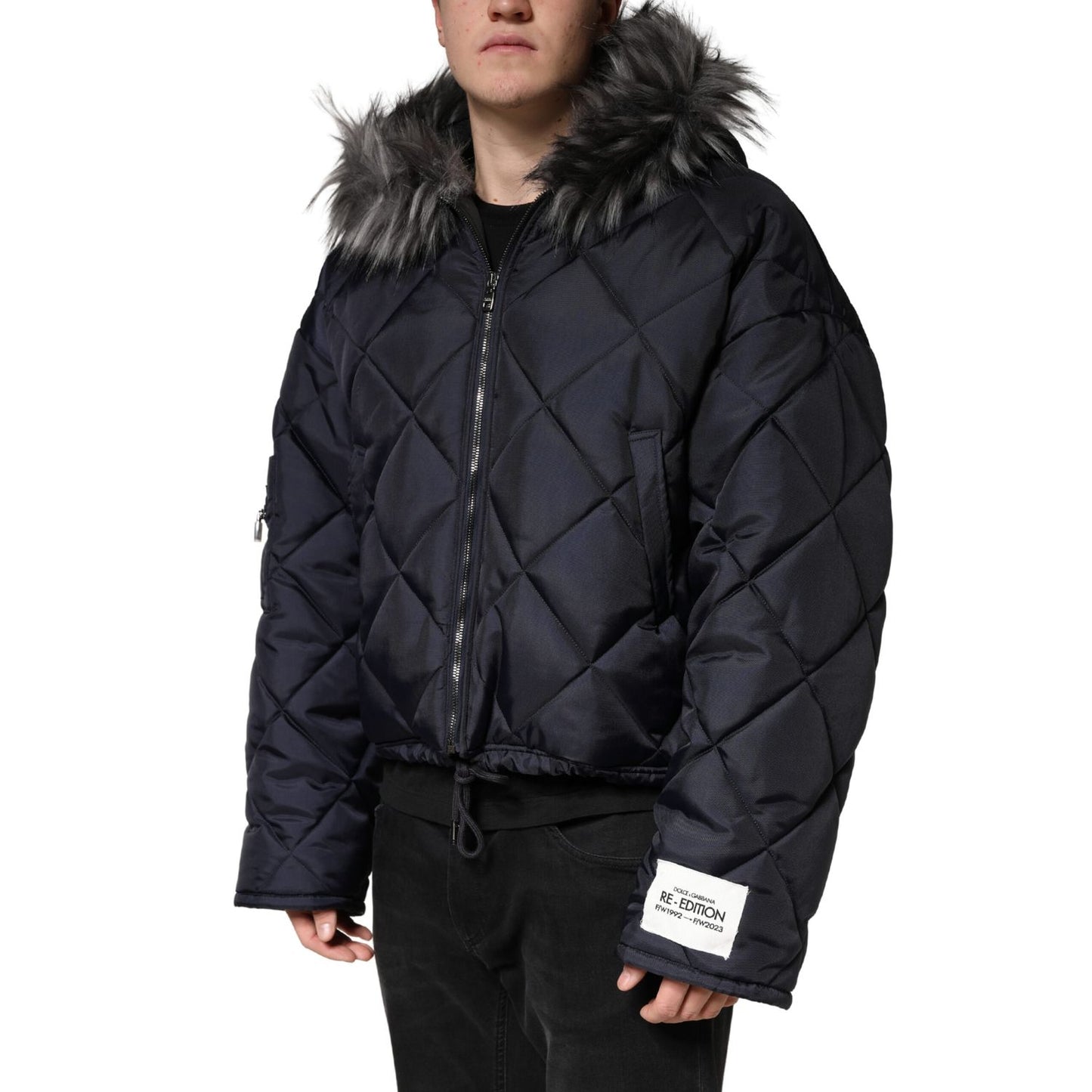 Dolce & Gabbana Black Quilted Fur Shearling Hooded Jacket