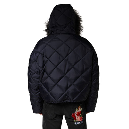 Dolce & Gabbana Black Quilted Fur Shearling Hooded Jacket
