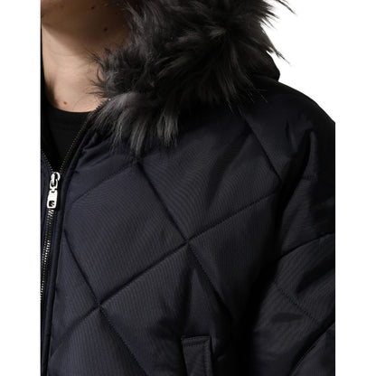 Dolce & Gabbana Black Quilted Fur Shearling Hooded Jacket
