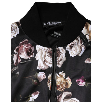 Dolce & Gabbana Black Floral Polyester Full Zip Bomber Jacket