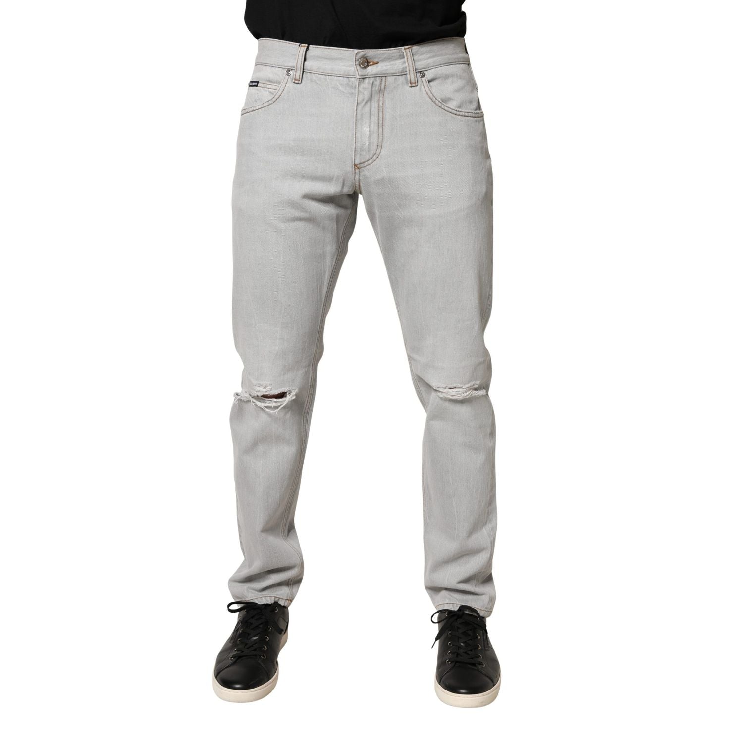 Dolce & Gabbana Light Gray Ripped Cotton Regular Denim Jeans