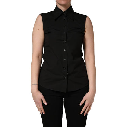 Dolce & Gabbana Black Cotton Sleeveless Collared Blouse Top