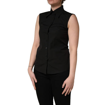 Dolce & Gabbana Black Cotton Sleeveless Collared Blouse Top