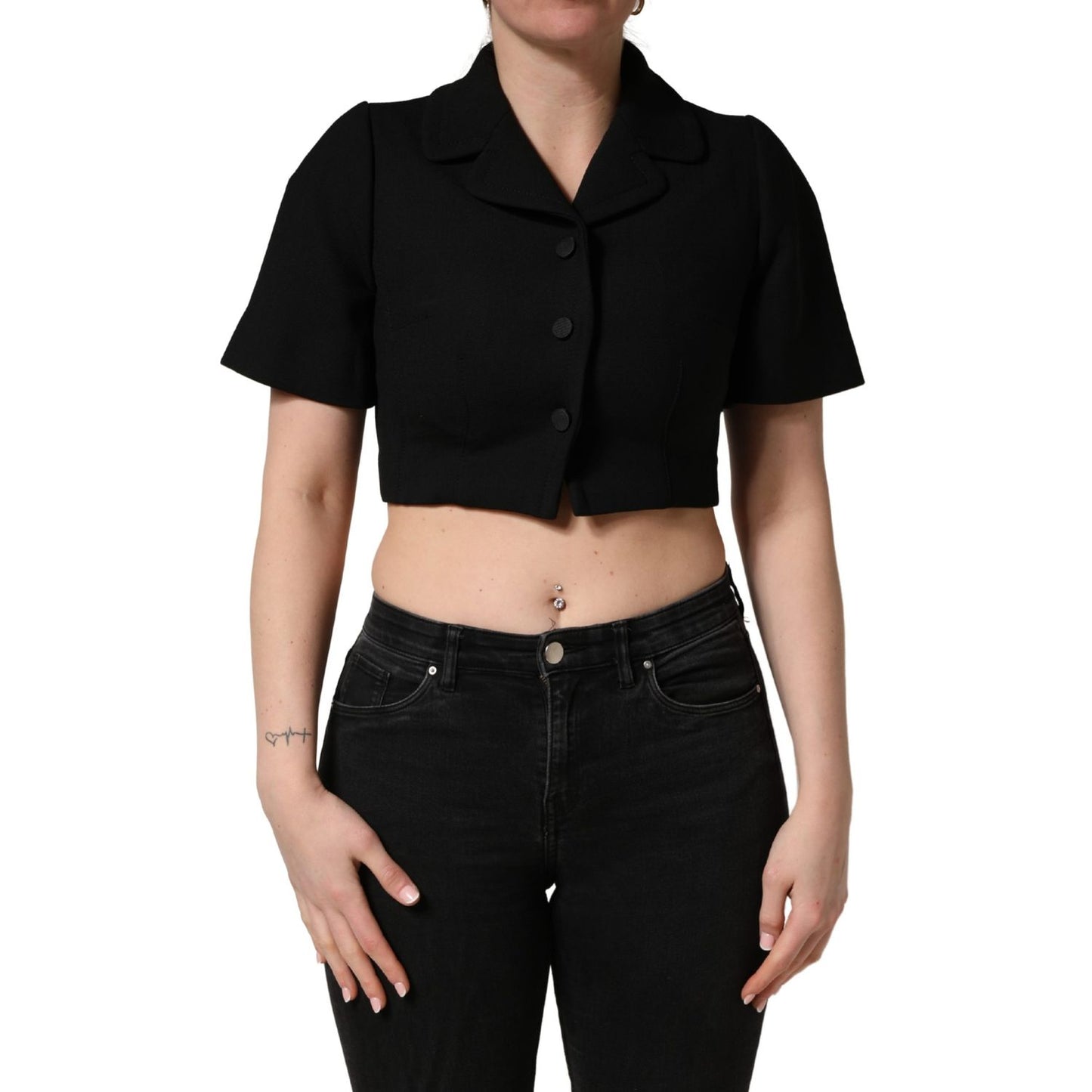 Dolce & Gabbana Black Collared Short Sleeves Cropped Blouse Top