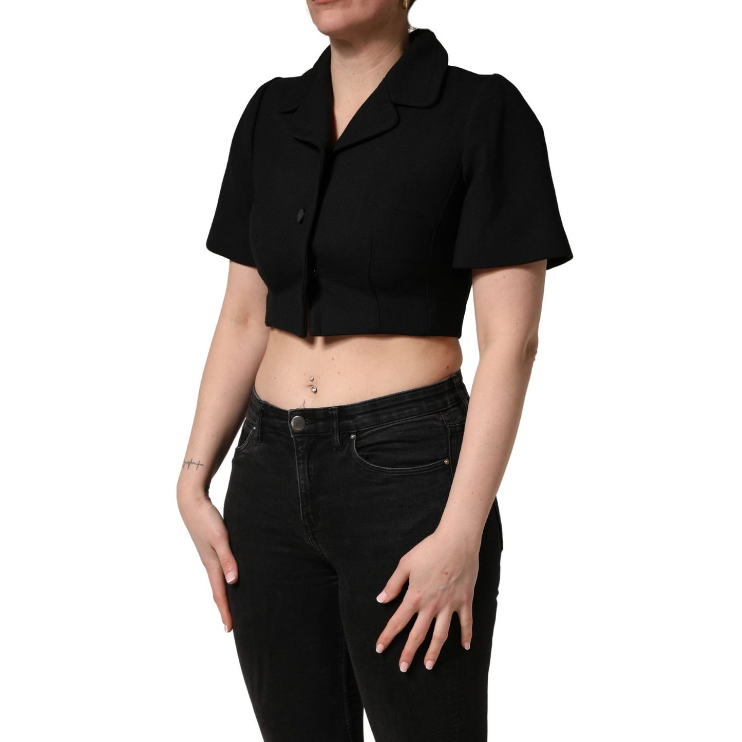 Dolce & Gabbana Black Collared Short Sleeves Cropped Blouse Top