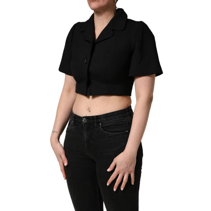 Dolce & Gabbana Black Collared Short Sleeves Cropped Blouse Top