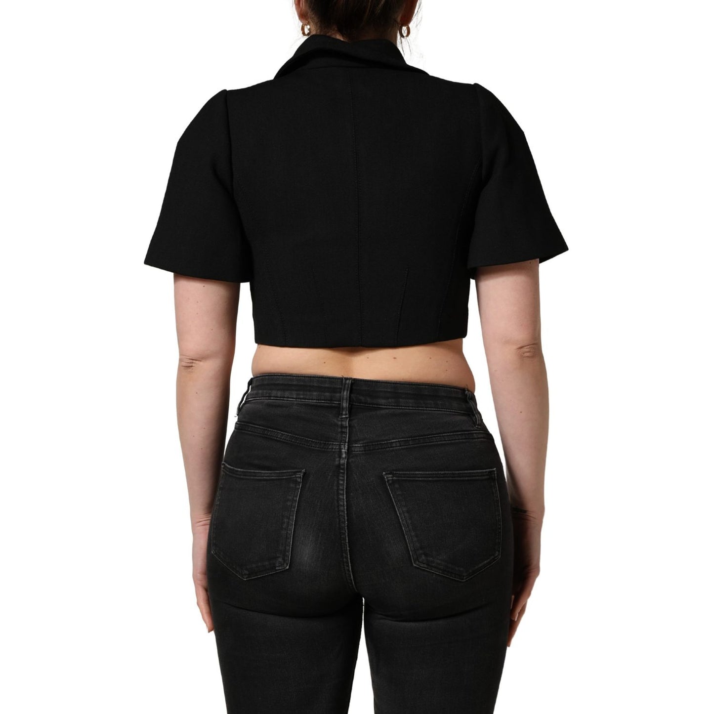 Dolce & Gabbana Black Collared Short Sleeves Cropped Blouse Top