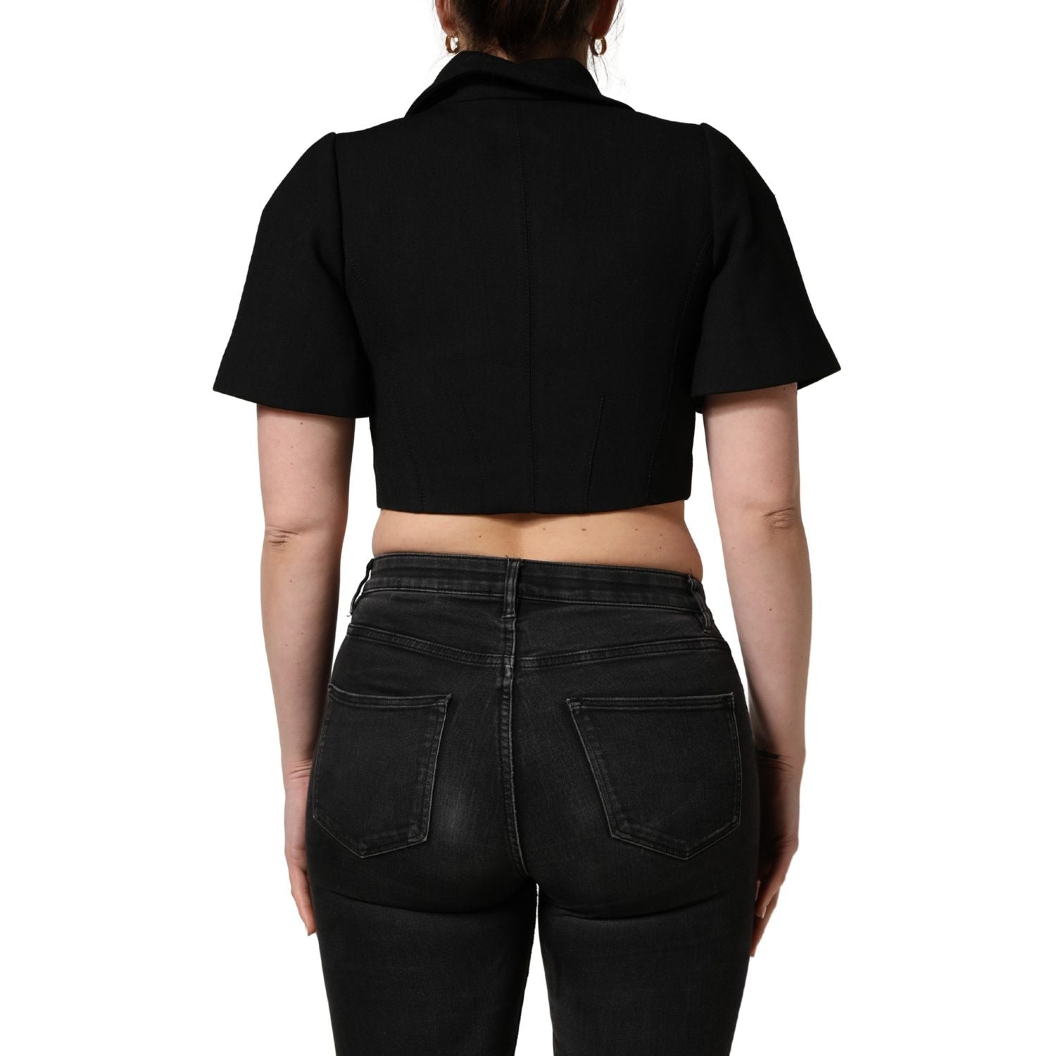 Dolce & Gabbana Black Collared Short Sleeves Cropped Blouse Top