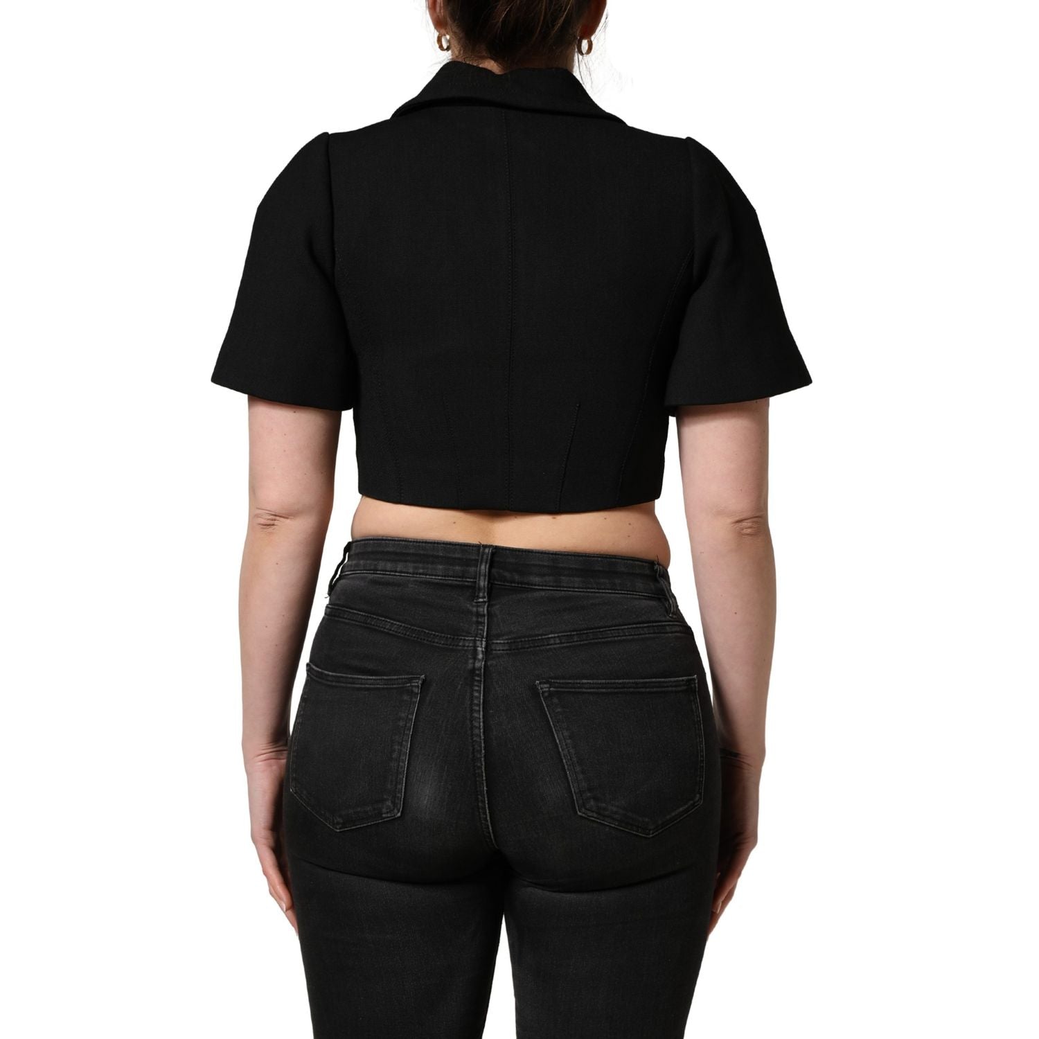 Dolce & Gabbana Black Collared Short Sleeves Cropped Blouse Top