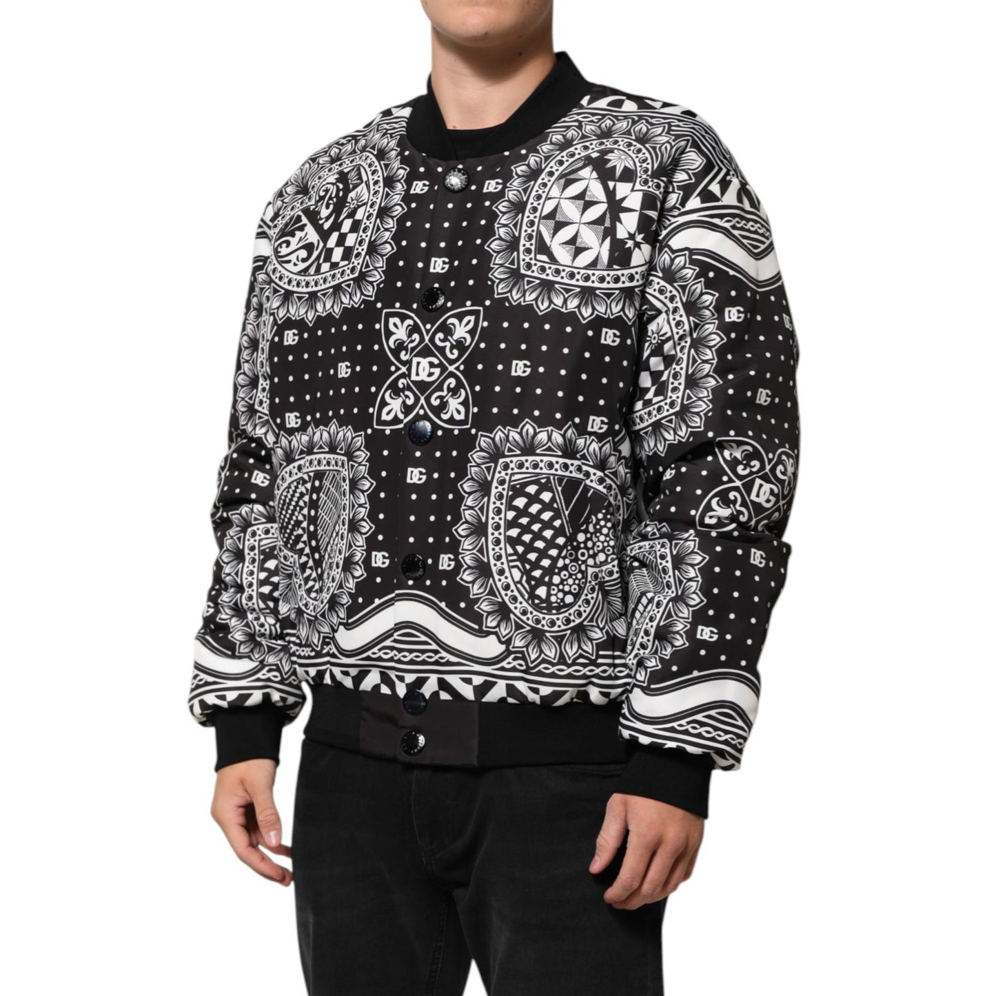 Dolce & Gabbana Black White BandanaPrint Men Bomber Jacket