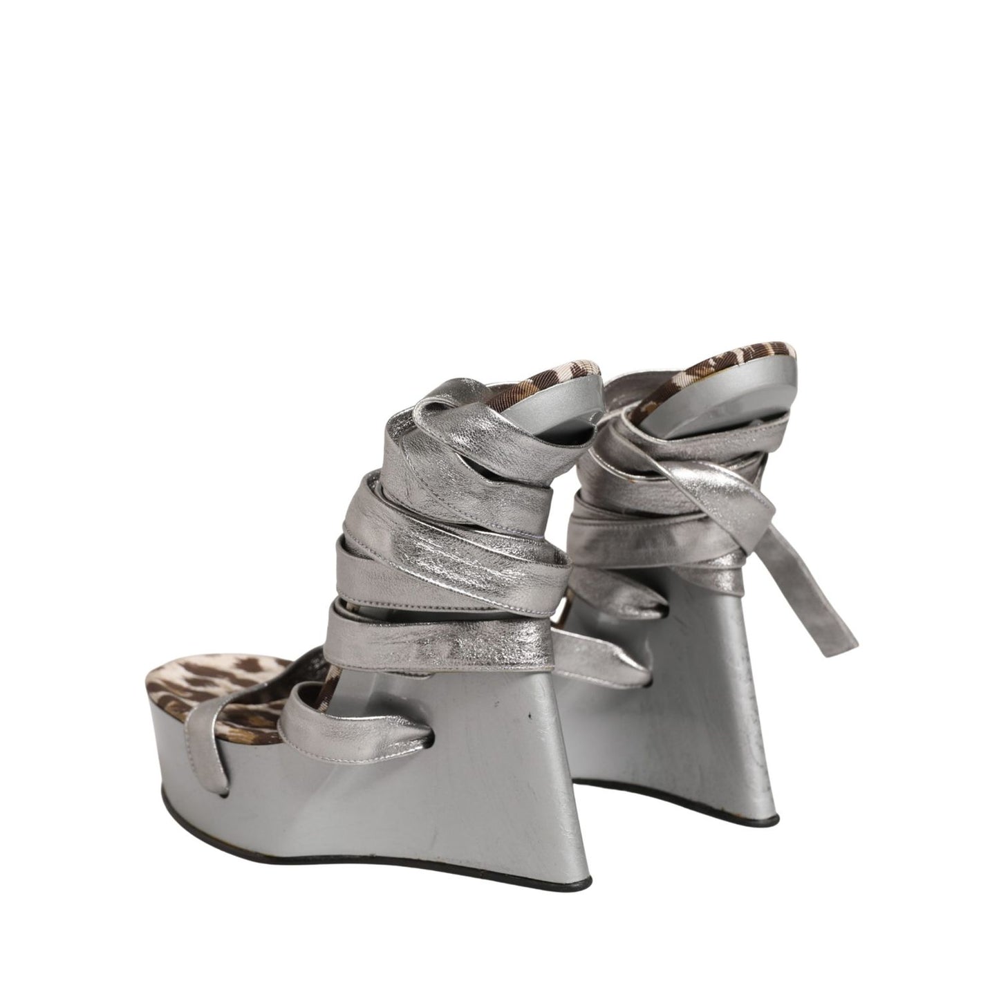 Dolce & Gabbana Silver Leather Platform Wedge Sandals Shoes