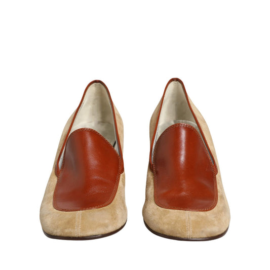 Dolce & Gabbana Beige Leather Suede Block Heel Loafers Shoes