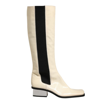 Dolce & Gabbana White Black Leather Knee High Boots Shoes
