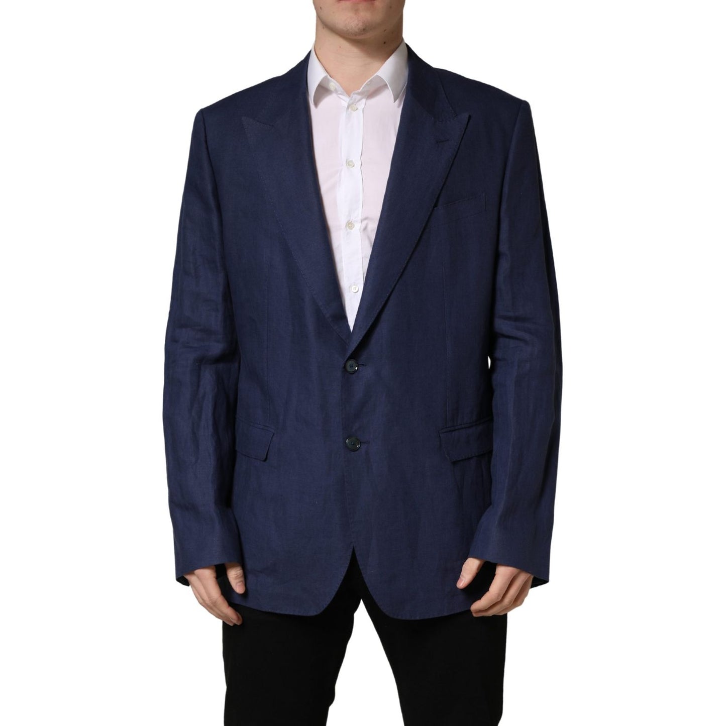Dolce & Gabbana Blue Single Breasted 2 Button Suit Jacket on model, showcasing tailored fit and sleek design for formal occasions.