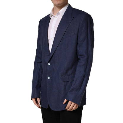 Dolce & Gabbana Blue Single Breasted 2 Button Suit Jacket on model showcasing tailored design and sleek 2-button closure.