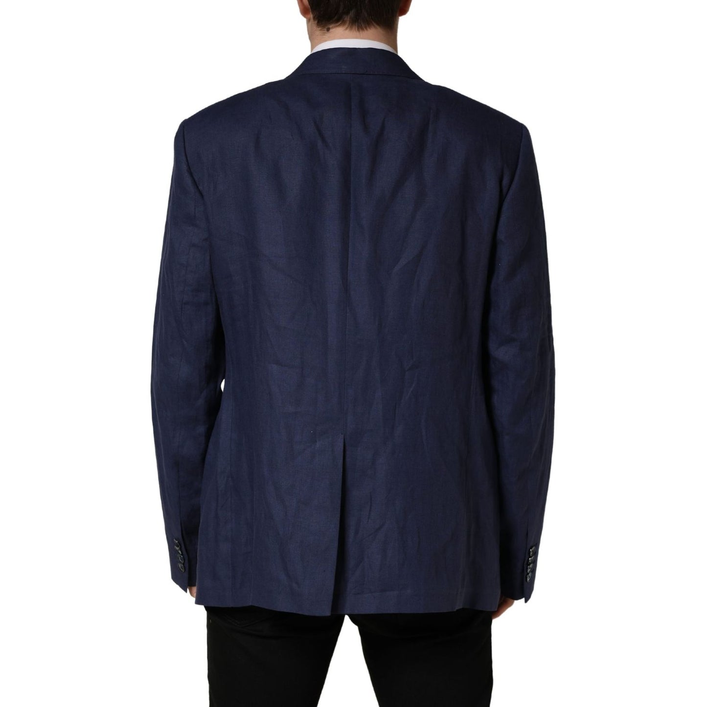 Back view of Dolce & Gabbana Blue Single Breasted 2 Button Suit Jacket showcasing elegant tailoring and premium fabric quality.