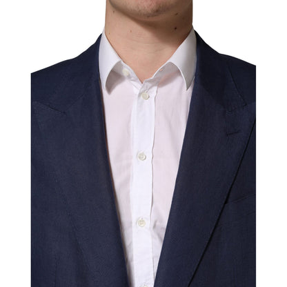 Dolce & Gabbana Blue Single Breasted 2 Button Suit Jacket with white shirt, showcasing elegant Italian craftsmanship.