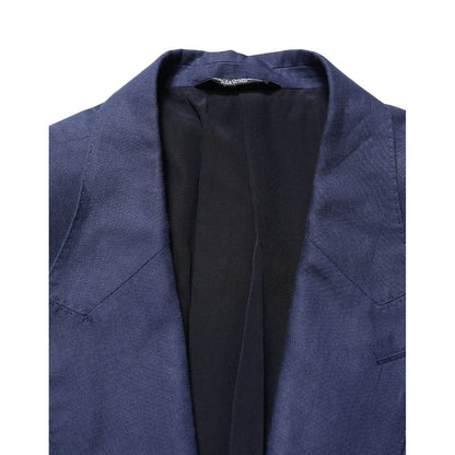 Close-up of Dolce & Gabbana Blue Single Breasted 2 Button Suit Jacket showcasing tailored lapel and premium fabric detail.