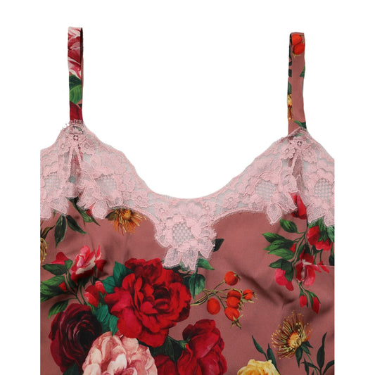 Dolce & Gabbana Brown Rose Print Satin Lace Camisole Tank Top