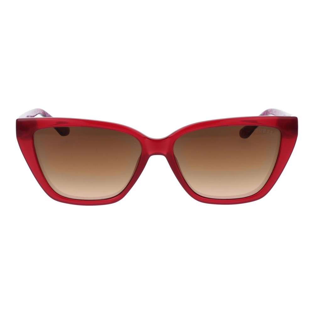 Guess Multicolor Plastic Sunglasses, red cat eye frame, brown mirrored gradient lenses, full-rim style, 100% UVA & UVB protection.