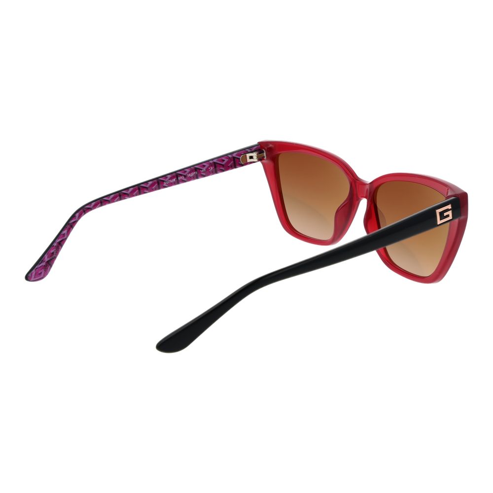 Guess Multicolor Plastic Sunglasses, women's red full-rim cat eye design with mirrored gradient brown lenses, 100% UVA/UVB protection.