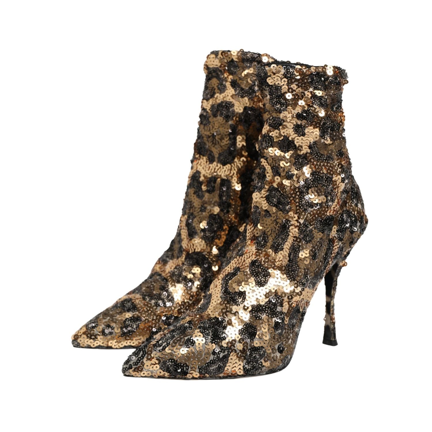 Dolce & Gabbana Gold Leopard Sequin Sock Ankle Boots Shoes