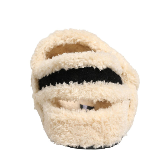 Dolce & Gabbana Beige Black Faux Fur Flats Men Sandals Shoes