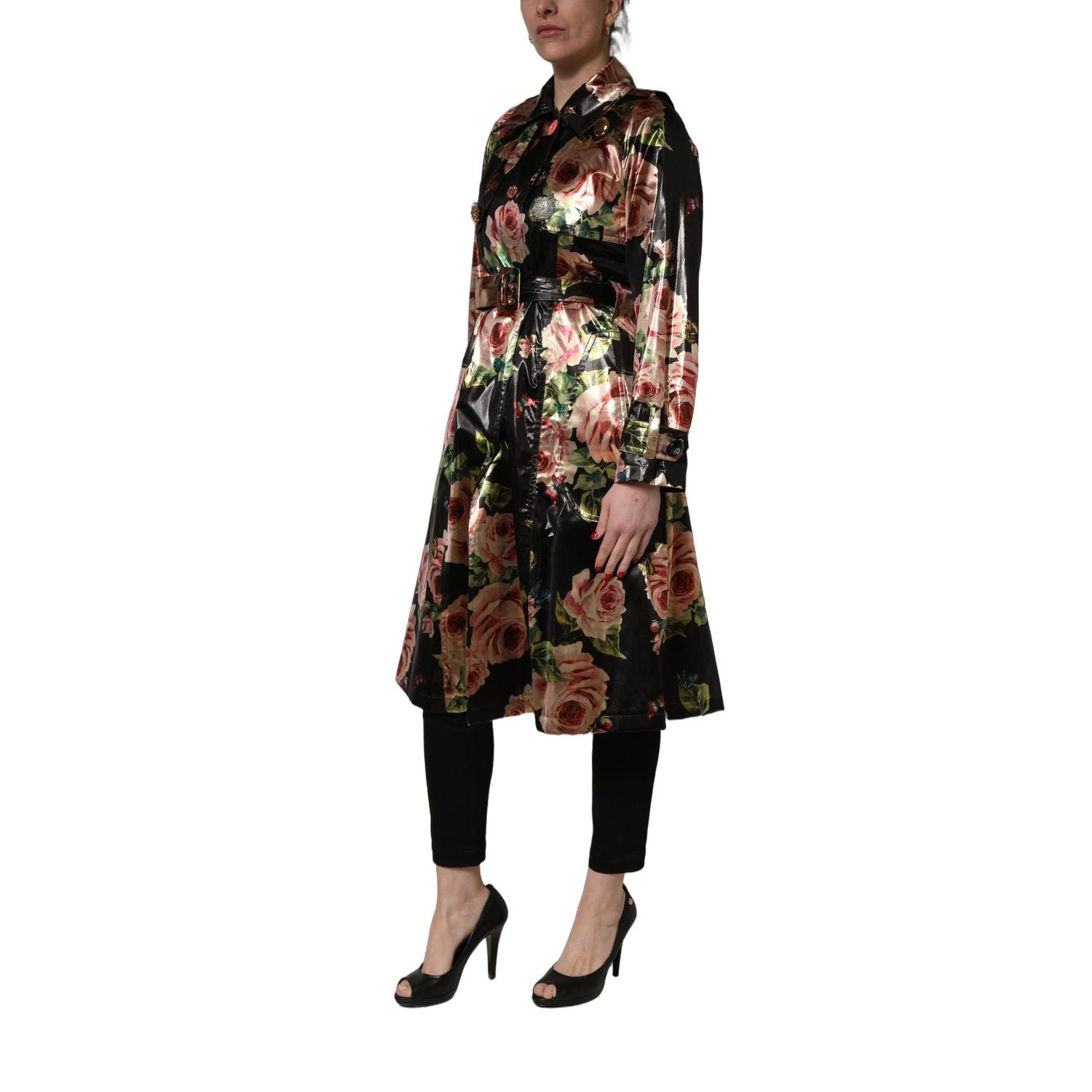 Dolce & Gabbana Black Floral Belted Polyester Trench Coat Jacket