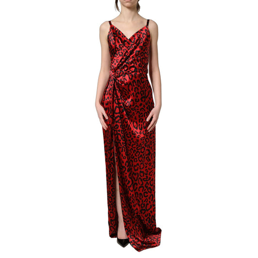 Dolce & Gabbana Red Leopard Draped Sleeveless Maxi Dress