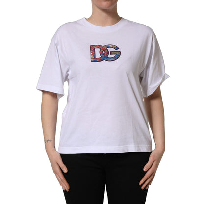 Dolce & Gabbana White Cotton DG Logo Patch Crew Neck T-shirt
