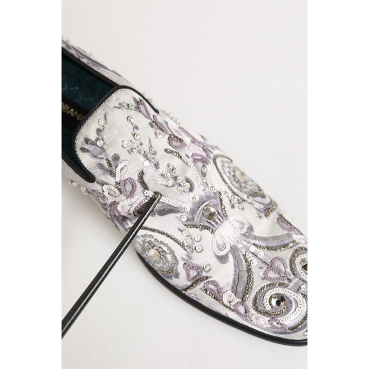 Dolce & Gabbana White Sequined Formal Slip On Loafers Shoes
