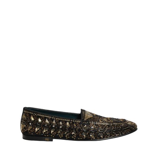 Dolce & Gabbana Black Gold Embellished Slip On Loafers Shoes