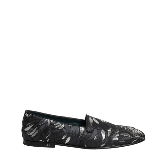 Dolce & Gabbana Black Leaf Embroidery Dress Men Loafers Shoes