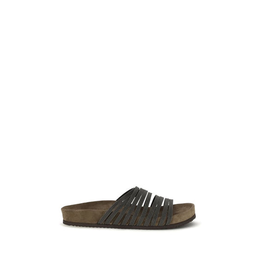 Brunello Cucinelli Black Calf Leather Bos Taurus Flat Sandals